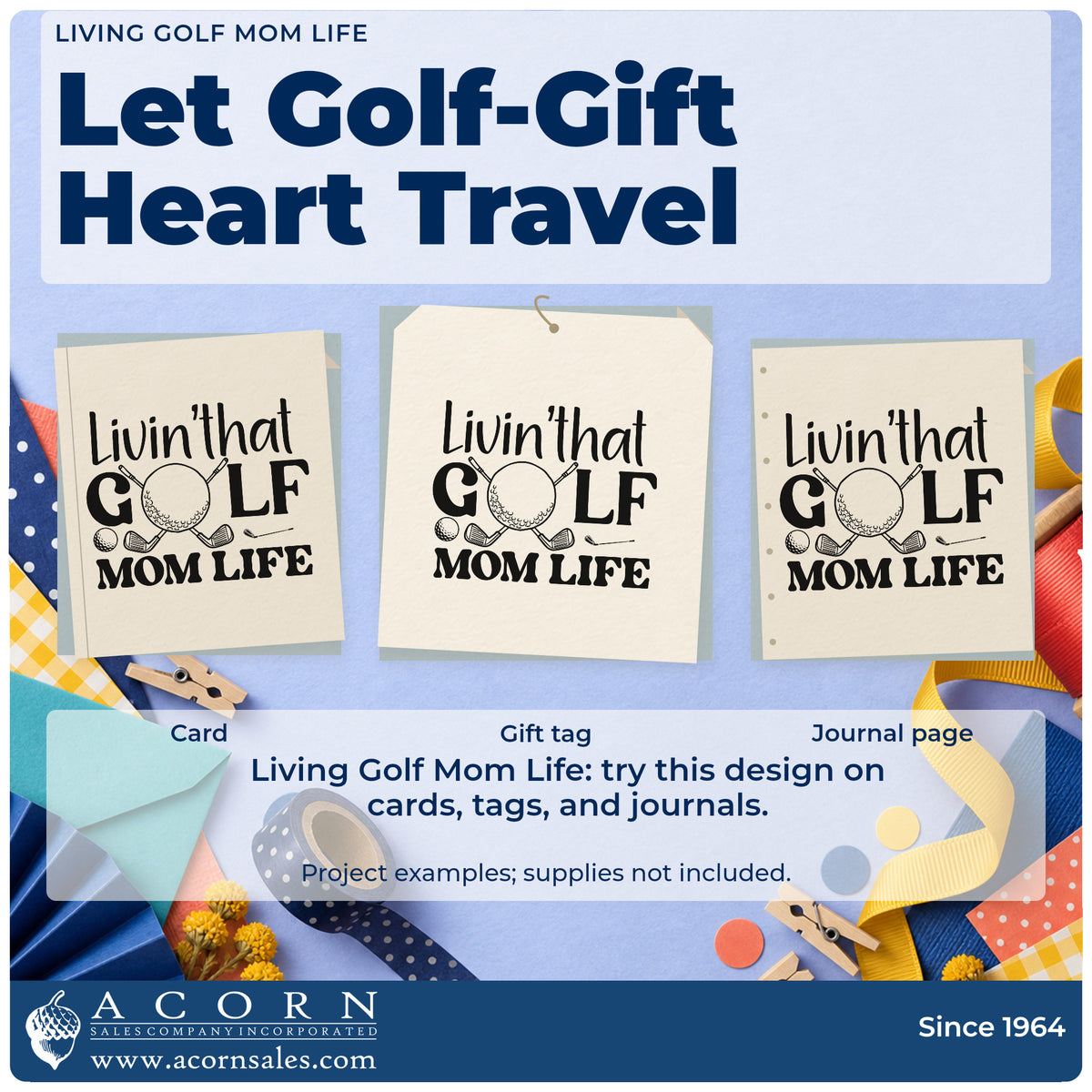 Three project examples made with the Living Golf Mom Life Craft Stamp – Self-Inking, including event entry sheet.
