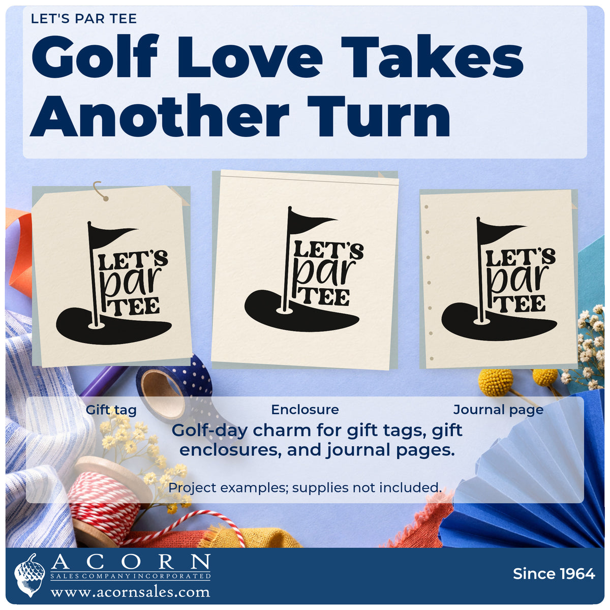 Three project examples made with the Let's Par Tee Putting Green Flag Compact Pre-Inked Stamp – Slim, including party run sheet.