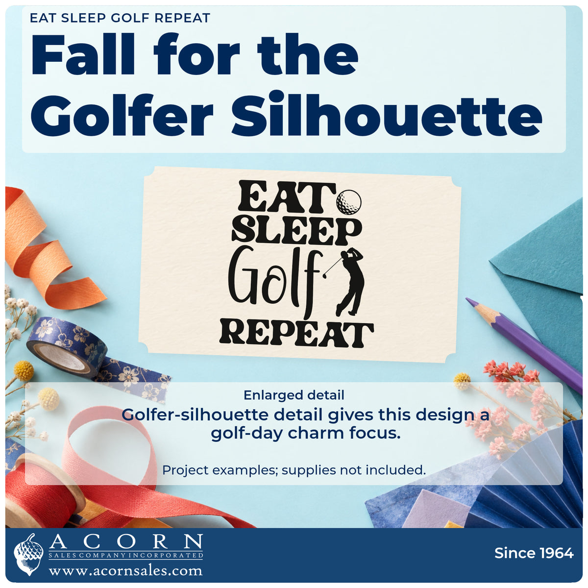 Enlarged detail of the Eat Sleep Golf Repeat Golfer Stamp – Self-Inking imprint. EAT SLEEP Golf REPEAT appears with a small golf ball and swinging golfer silhouette.