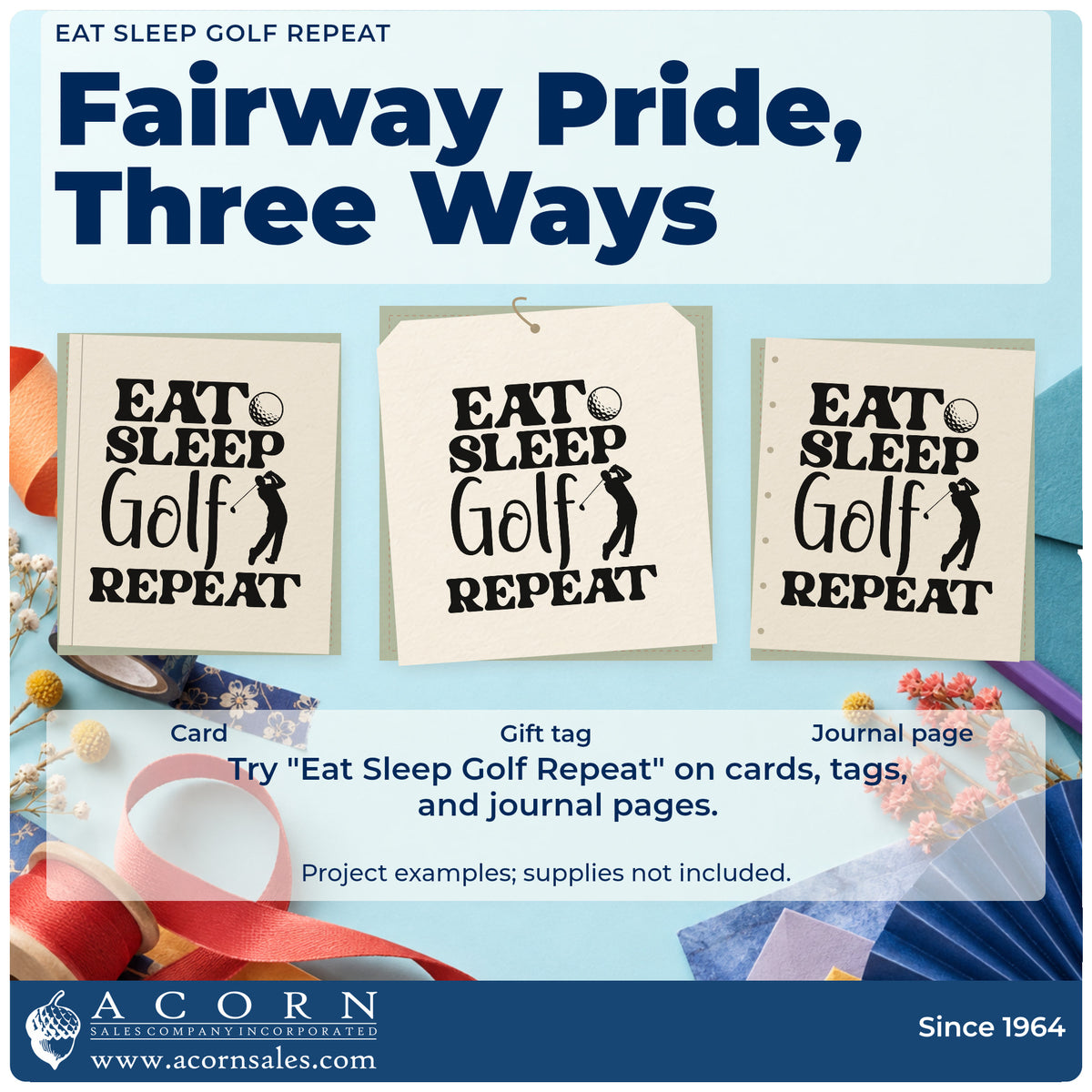 Three project examples made with the Eat Sleep Golf Repeat Golfer Stamp – Premium Vintage Pro Wooden, including station rota sheet.