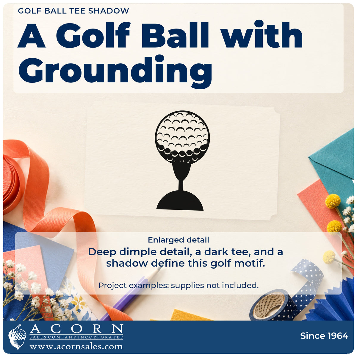 Enlarged detail of the Dimpled Golf Ball Tee Silhouette Pre-Inked Stamp – Slim imprint. A heavily dimpled golf ball sits on a dark tee above a rounded shadow.