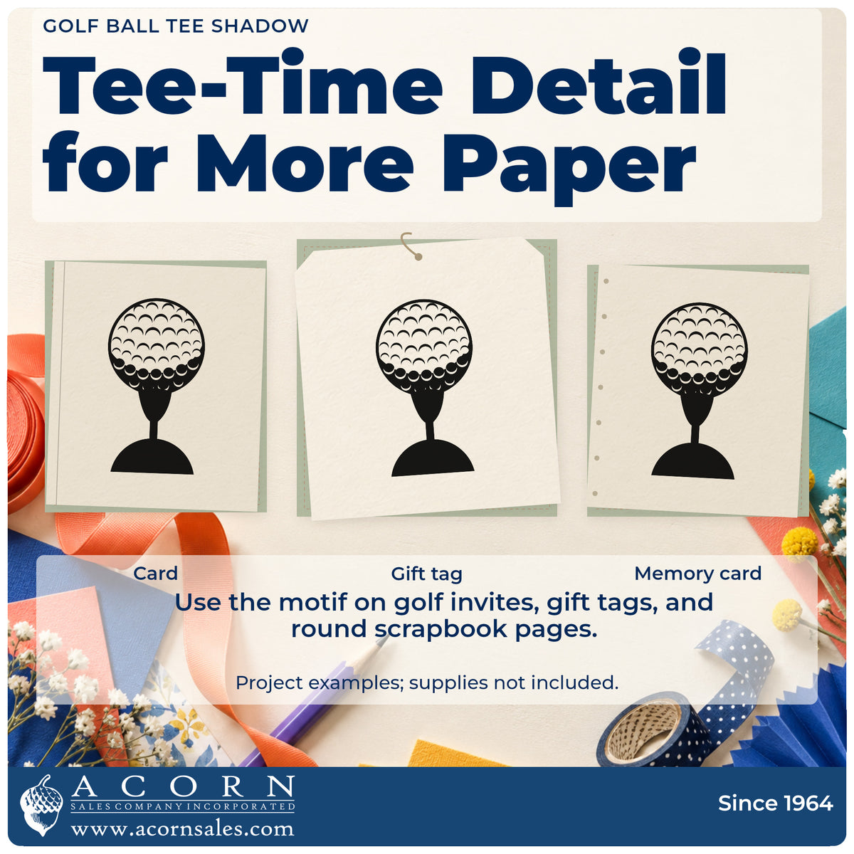 Three project examples made with the Premium Wooden Dimpled Golf Ball Tee Silhouette Stamp – Vintage Pro, including sort count sheet.