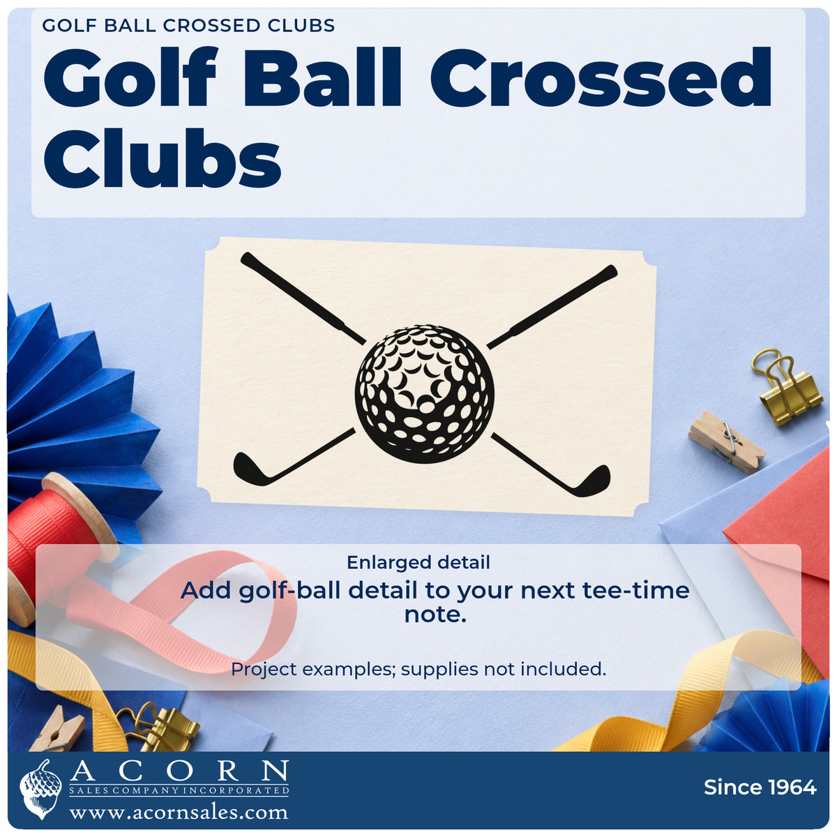 Enlarged detail of the Dimpled Golf Ball And Crossed Clubs Rubber Stamp – Duo Hand imprint. A detailed dimpled golf ball sits at the crossing of two angled clubs.
