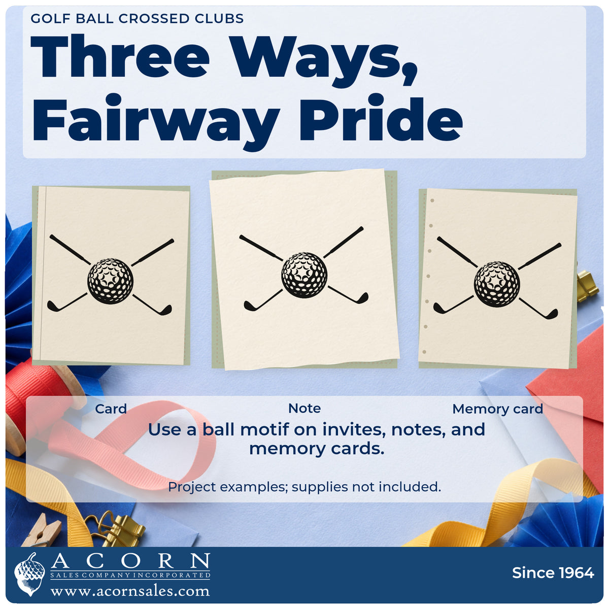 Three project examples made with the Dimpled Golf Ball And Crossed Clubs Rubber Stamp – Duo Hand, including order queue sheet.