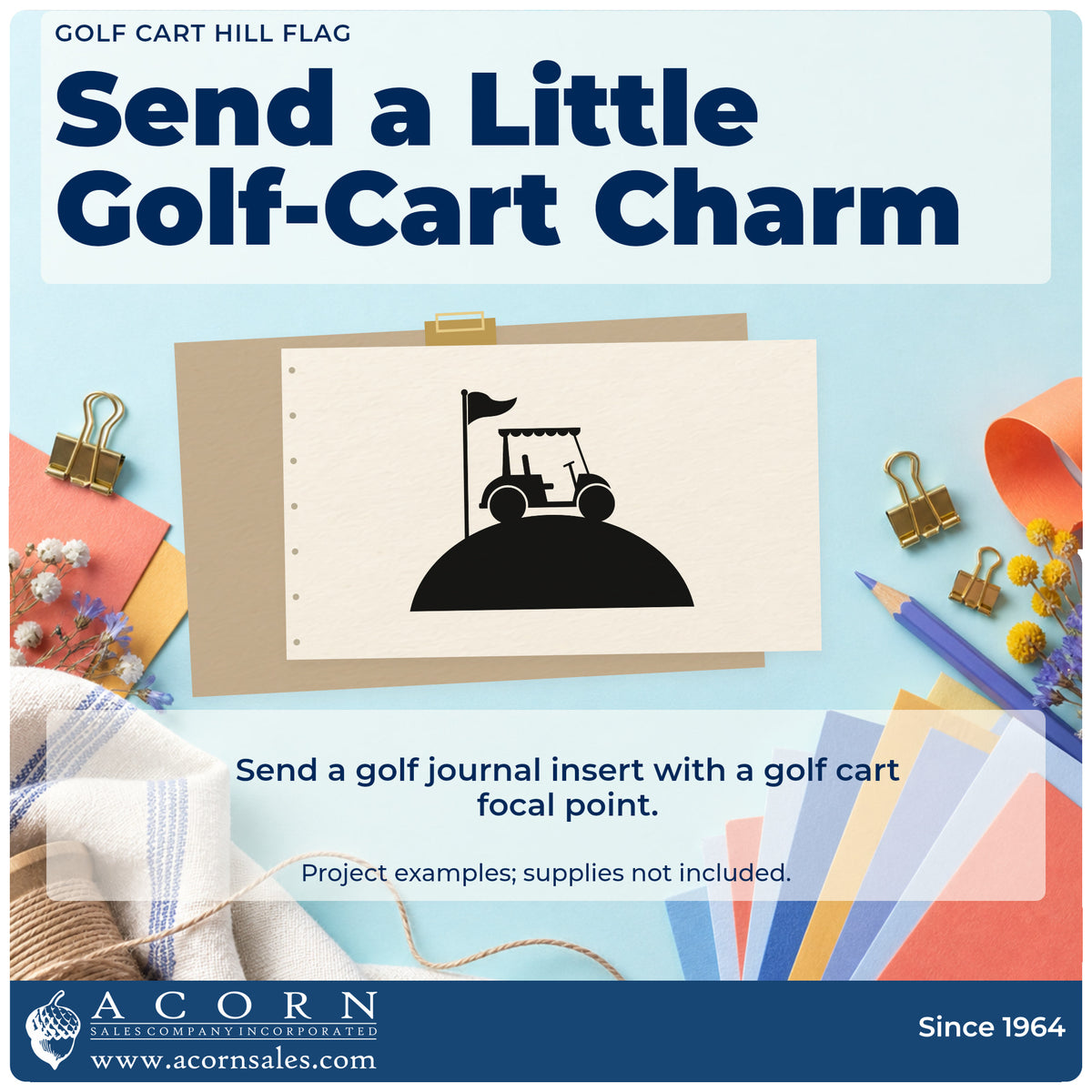 A finished handmade project stamped with the Golf Cart On A Hill By Flag Stamp – PSI Pre-Inked, ideal for grounds album page.