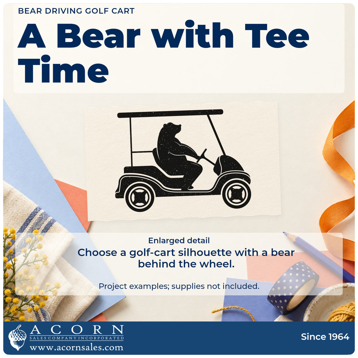 Enlarged detail of the Golf Cart Bear Silhouette PSI Pre-Inked Stamp imprint. A seated bear silhouette drives a roofed golf cart shown from the side.