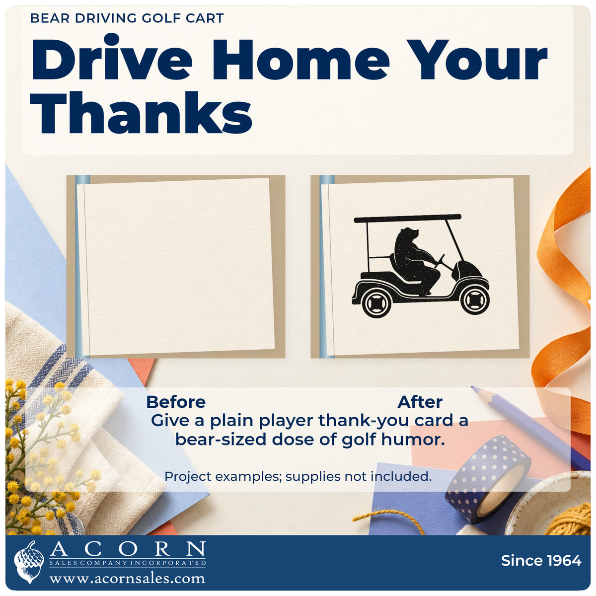 Before and after of a plain item finished with the Golf Cart Bear Silhouette PSI Pre-Inked Stamp, a quick upgrade for framed nursery shelf.
