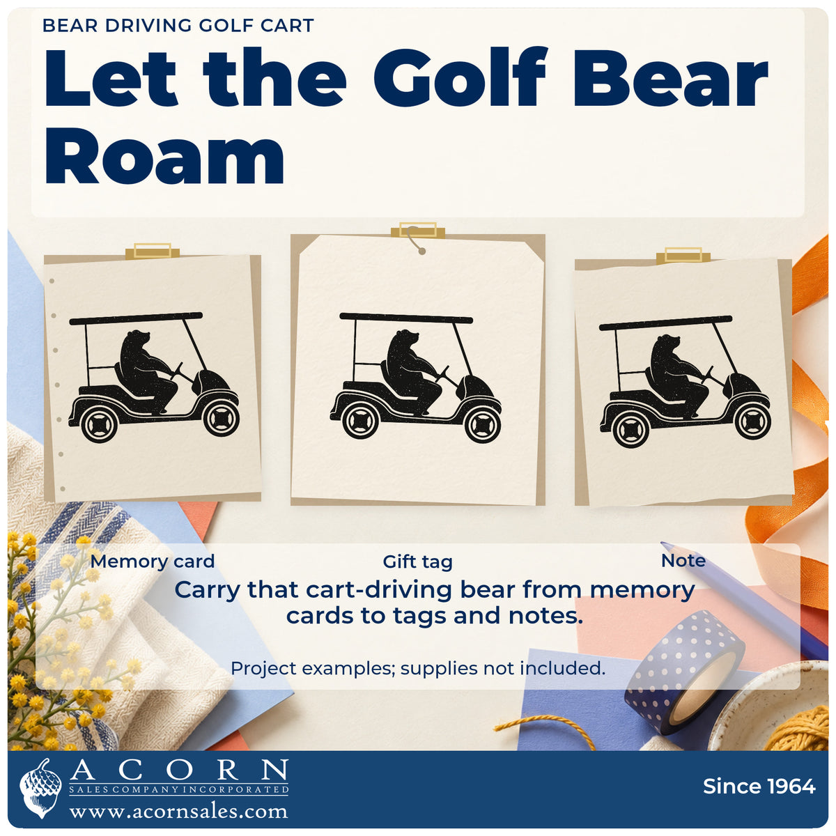 Three project examples made with the Golf Cart Bear Silhouette Hand Stamp – Duo, including month note sheet.