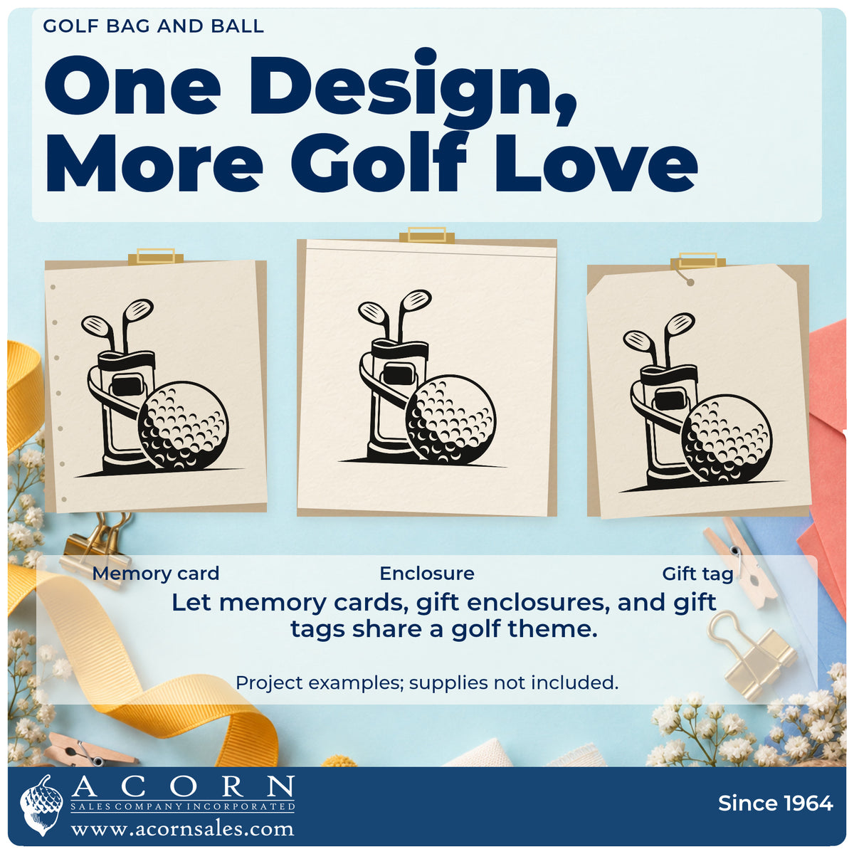 Three project examples made with the Golf Bag With Two Clubs And Ball Self-Inking Stamp, including ship book sheet.