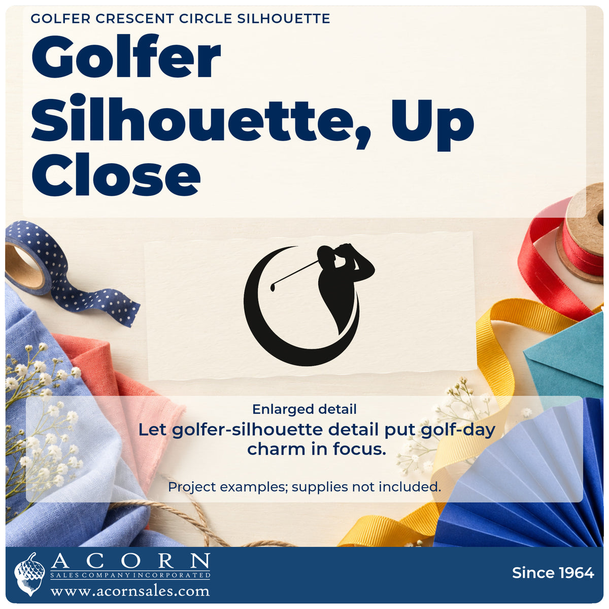Enlarged detail of the Pre-Inked Golfer Crescent Circle Silhouette Stamp – PSI imprint. A golfer finishing a swing appears inside a sweeping crescent-shaped circle.
