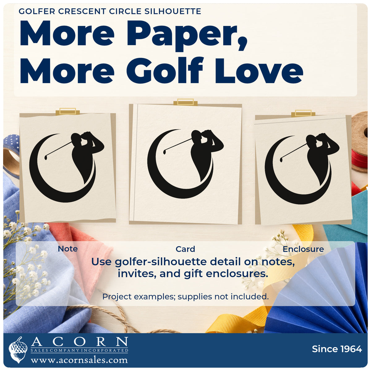 Three project examples made with the Golfer Crescent Circle Silhouette Pre-Inked Stamp – Slim, including review note sheet.