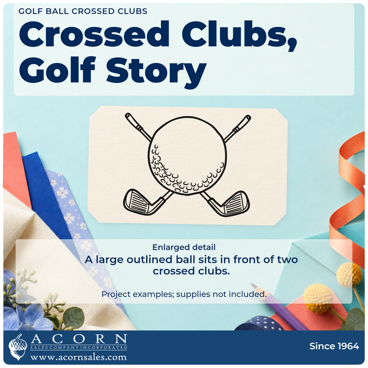 Enlarged detail of the Golf Ball Crossed Clubs Outline Detail Rubber Stamp – Wood Handle imprint. A large outlined golf ball sits in front of two crossed golf clubs.