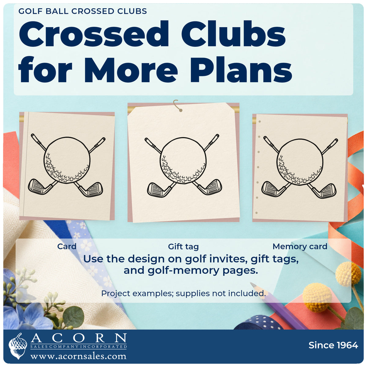 Three project examples made with the PSI Pre-Inked Golf Ball Crossed Clubs Outline Detail Stamp, including tee sheet booking.