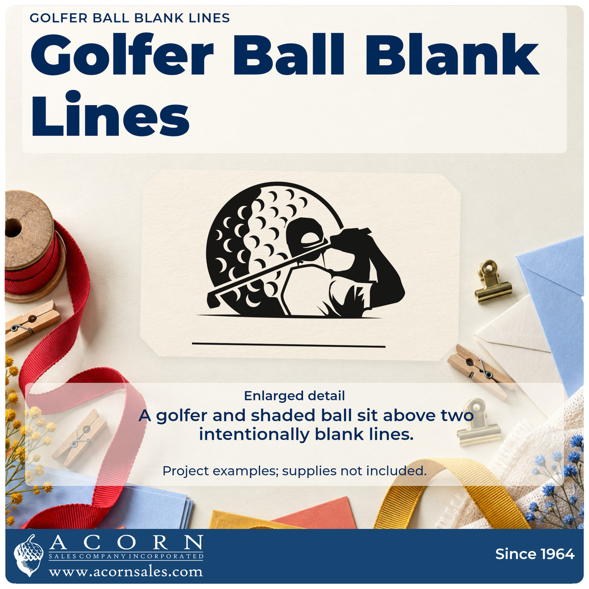 Enlarged detail of the Golf Swing Shaded Ball And Blank Lines Wood Handle Stamp imprint. A golfer finishing a swing appears before a large shaded ball above two blank horizontal lines.