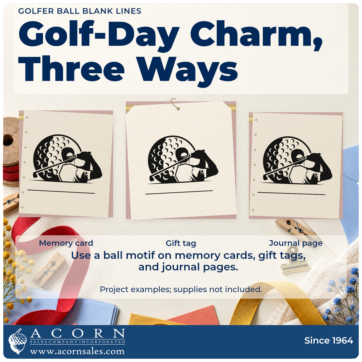 Three project examples made with the Golf Swing Shaded Ball And Blank Lines Self-Inking Craft Stamp, including order queue sheet.