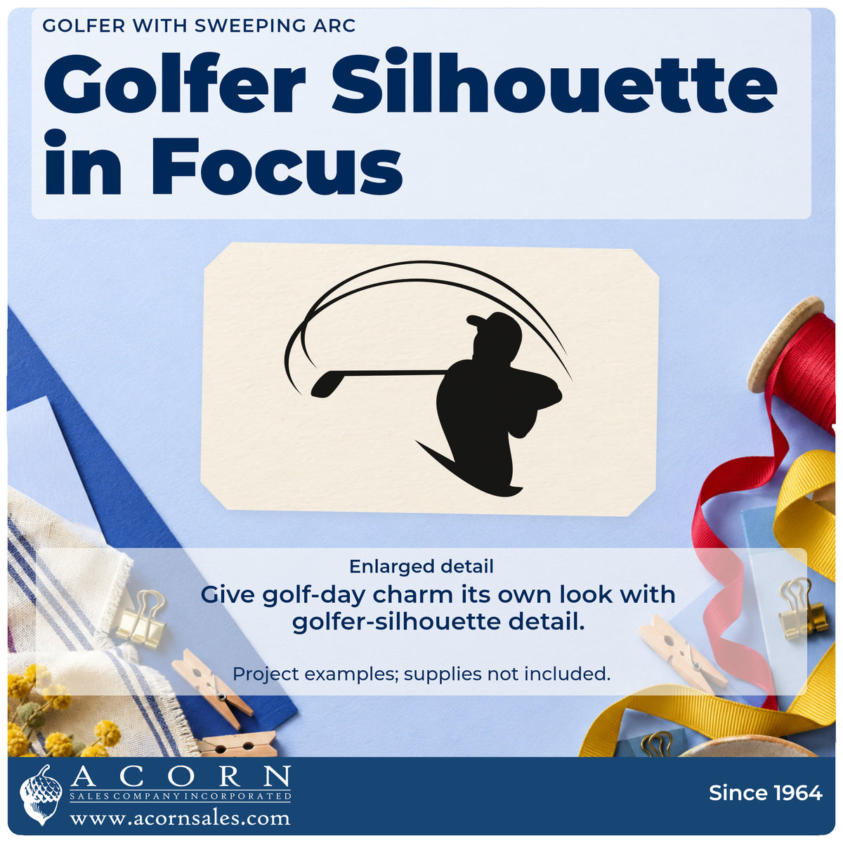 Enlarged detail of the Golfer With Sweeping Arc Self-Inking Stamp imprint. A golfer silhouette follows through on a swing beneath broad curved motion lines.
