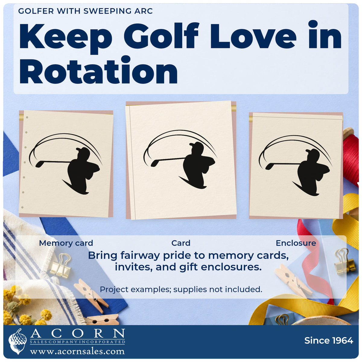 Three project examples made with the Golfer With Sweeping Arc Self-Inking Stamp, including block program sheet.
