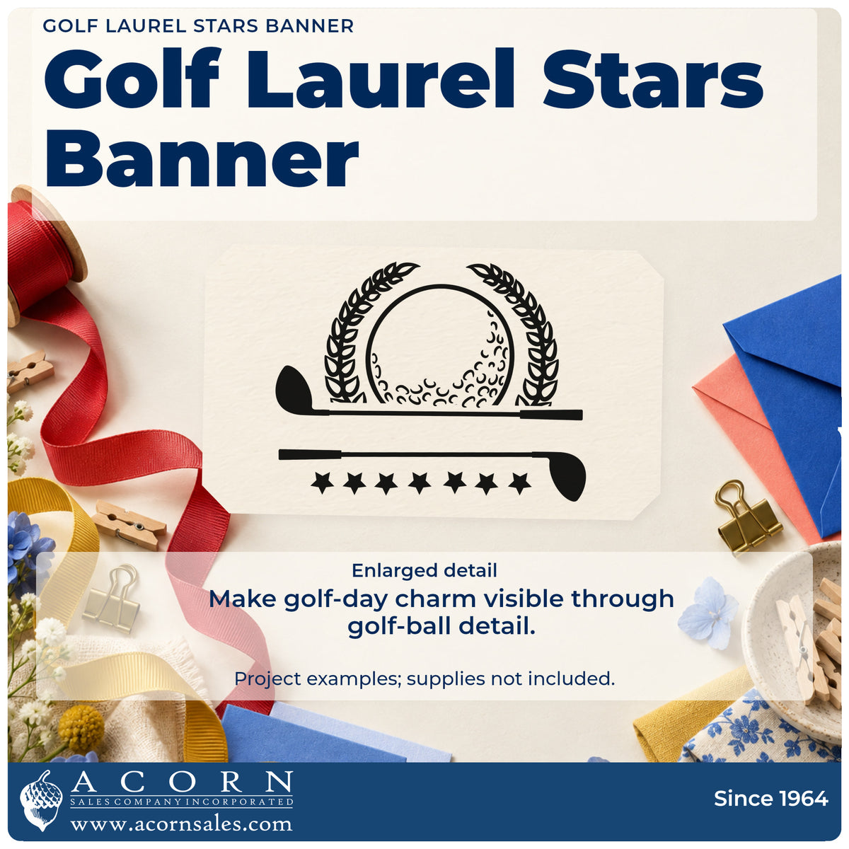 Enlarged detail of the Golf Laurel Stars Banner Rubber Stamp – Wood Handle imprint. A golf ball framed by laurels sits above two horizontal clubs and a row of stars.