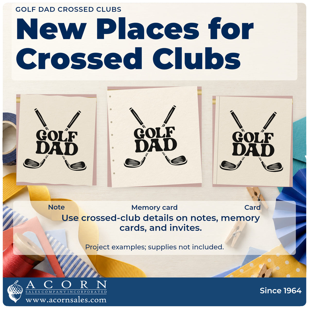 Three project examples made with the Golf Dad Crossed Clubs Block Lettering Pre-Inked Stamp – Slim, including build stage sheet.