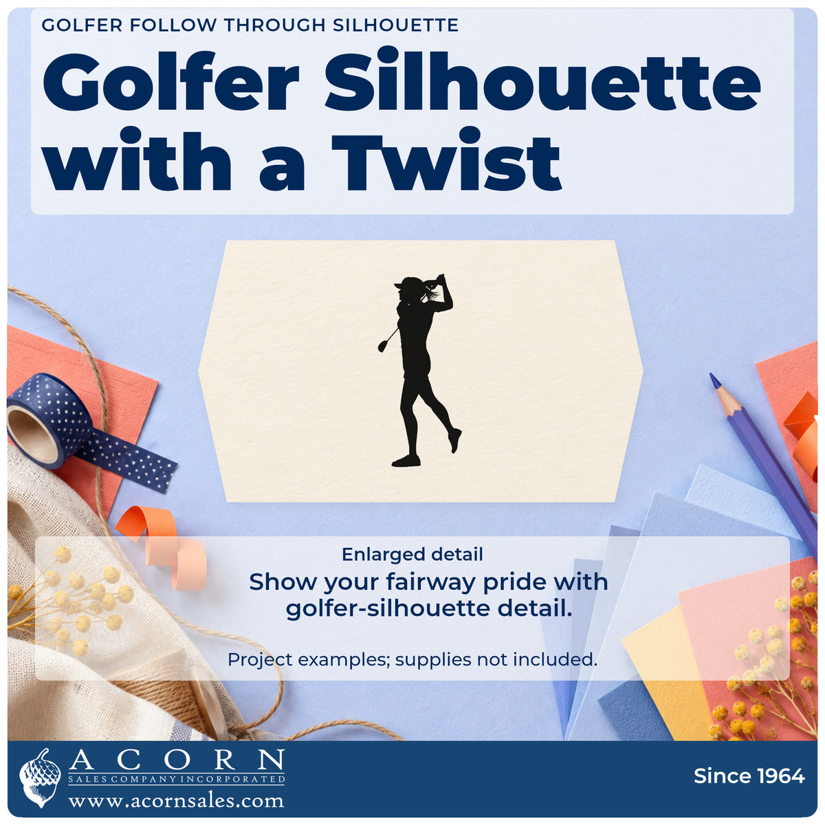 Enlarged detail of the Golfer Follow Through Silhouette Rubber Stamp – Wood Handle imprint. A golfer silhouette follows through with one leg bent and the club behind the shoulders.