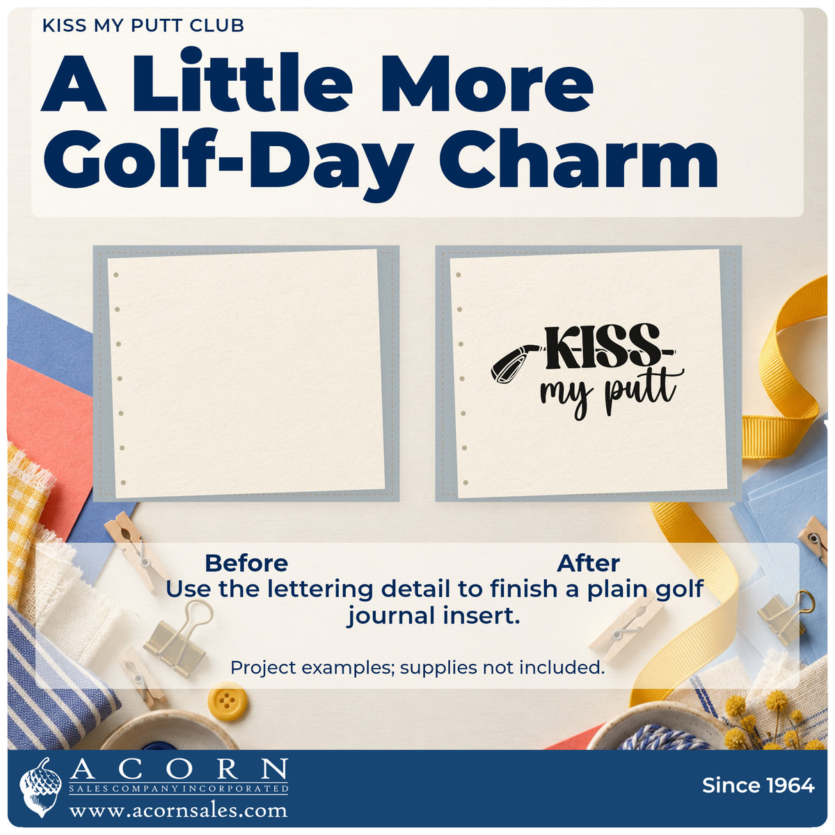 Before and after of a plain item finished with the Premium Wooden Kiss My Putt Club Stamp – Vintage Pro, a quick upgrade for framed back porch.