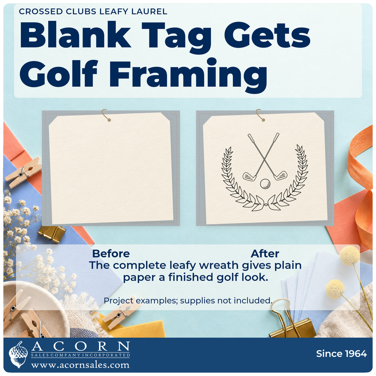 Before and after of a plain item finished with the Golf Clubs In A Leaf Wreath PSI Pre-Inked Stamp, a quick upgrade for framed club entry.