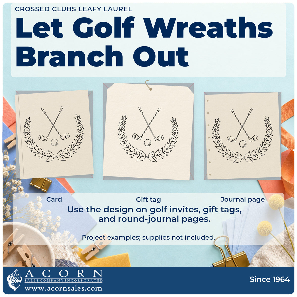 Three project examples made with the Golf Clubs In A Leaf Wreath Compact Pre-Inked Stamp – Slim, including format plan sheet.