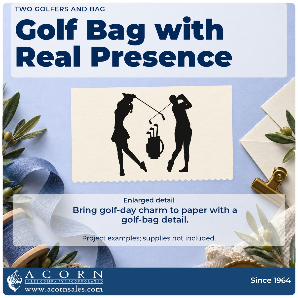 Enlarged detail of the Golfer Pair With Crossed Clubs And Bag Wood Handle Stamp imprint. Two golfer silhouettes flank a golf bag with their raised clubs crossing above it.