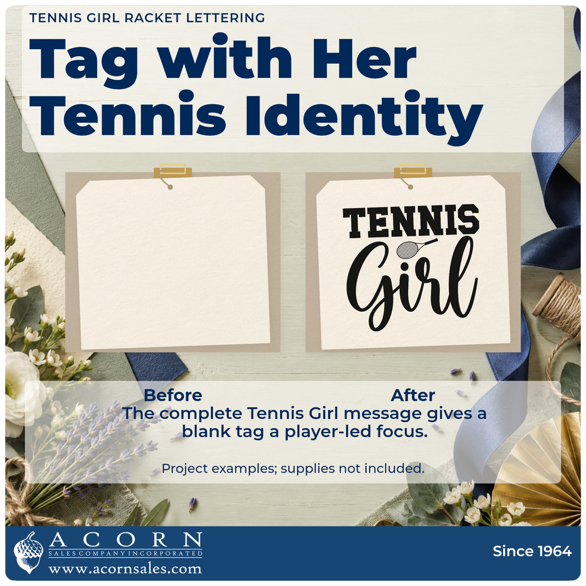 Before and after of a plain item finished with the Wood Handle Tennis Girl Racket Word Art Rubber Stamp, a quick upgrade for framed court fence.