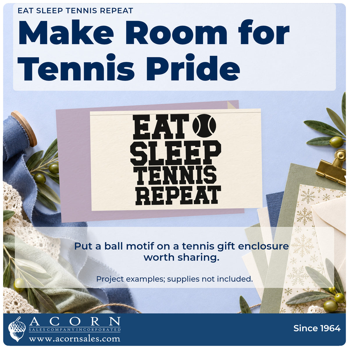 A finished handmade project stamped with the Eat Sleep Tennis Repeat Pre-Inked Stamp – PSI, ideal for camp week album page.