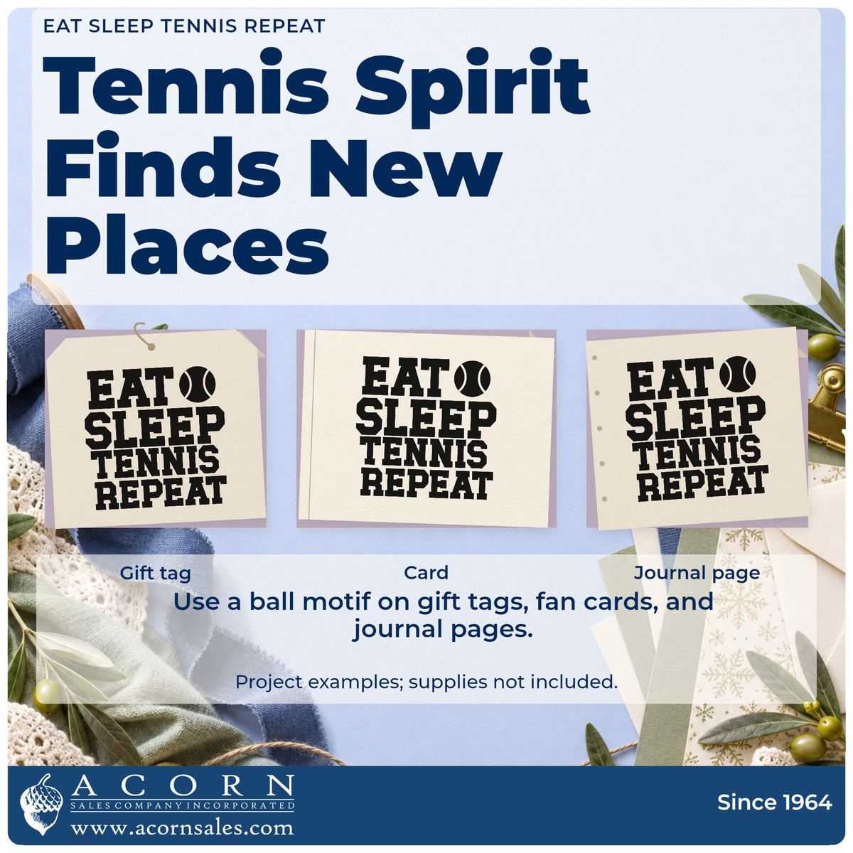 Three project examples made with the Eat Sleep Tennis Repeat Self-Inking Stamp, including station rota sheet.