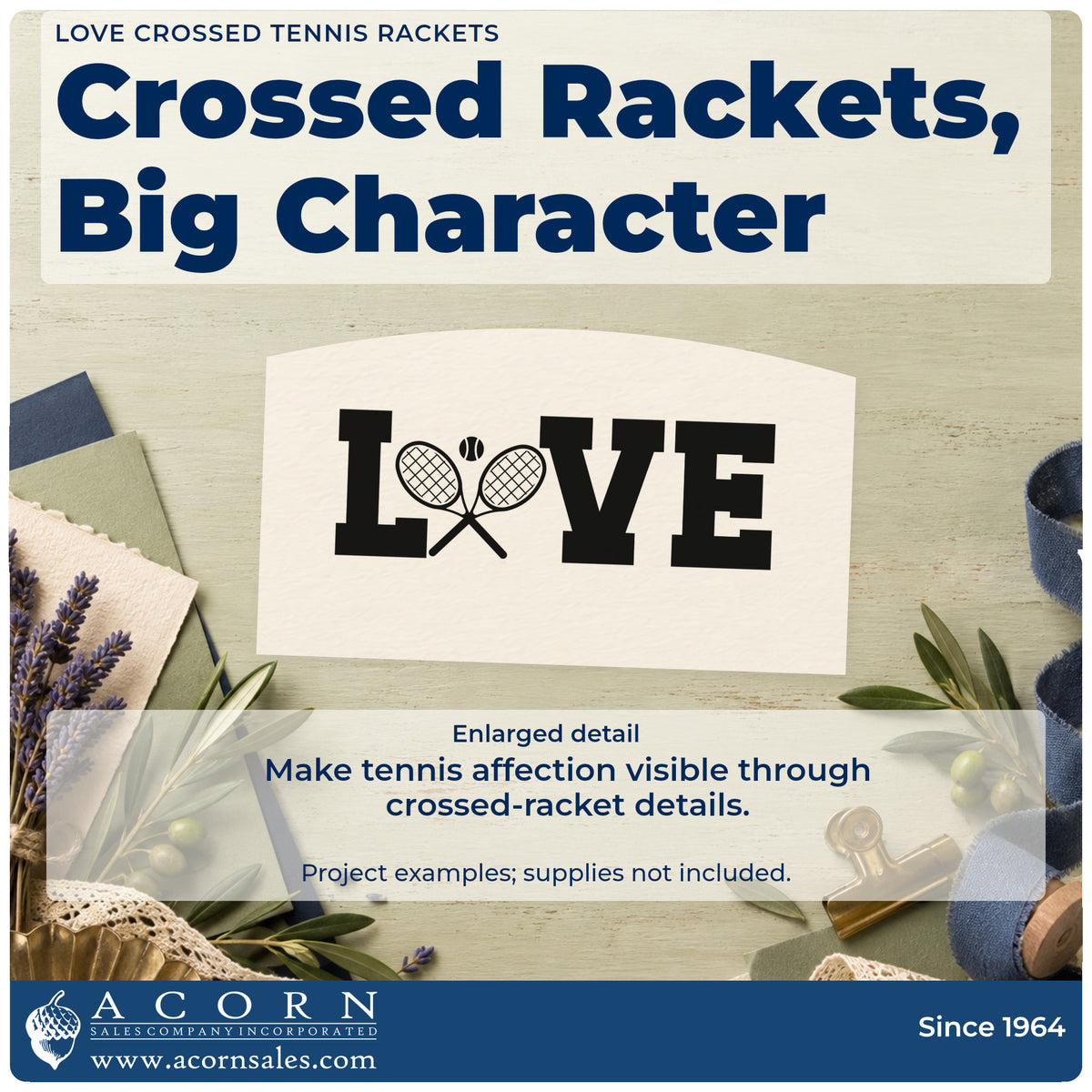 Enlarged detail of the Love Crossed Tennis Rackets Stamp – Premium Vintage Pro Wooden imprint. LOVE uses crossed tennis rackets and a small ball in place of the O.