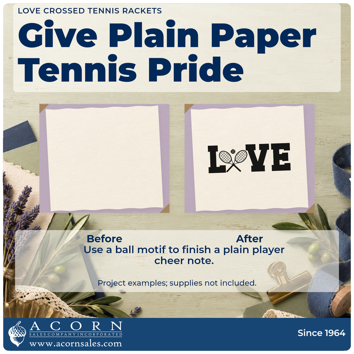 Before and after of a plain item finished with the Love Crossed Tennis Rackets Stamp – Premium Vintage Pro Wooden, a quick upgrade for framed club lounge.