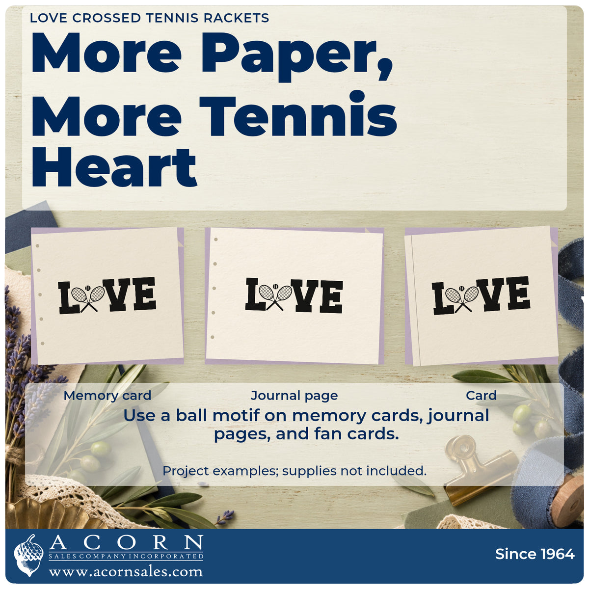 Three project examples made with the Love Crossed Tennis Rackets Stamp – Premium Vintage Pro Wooden, including pair draw sheet.