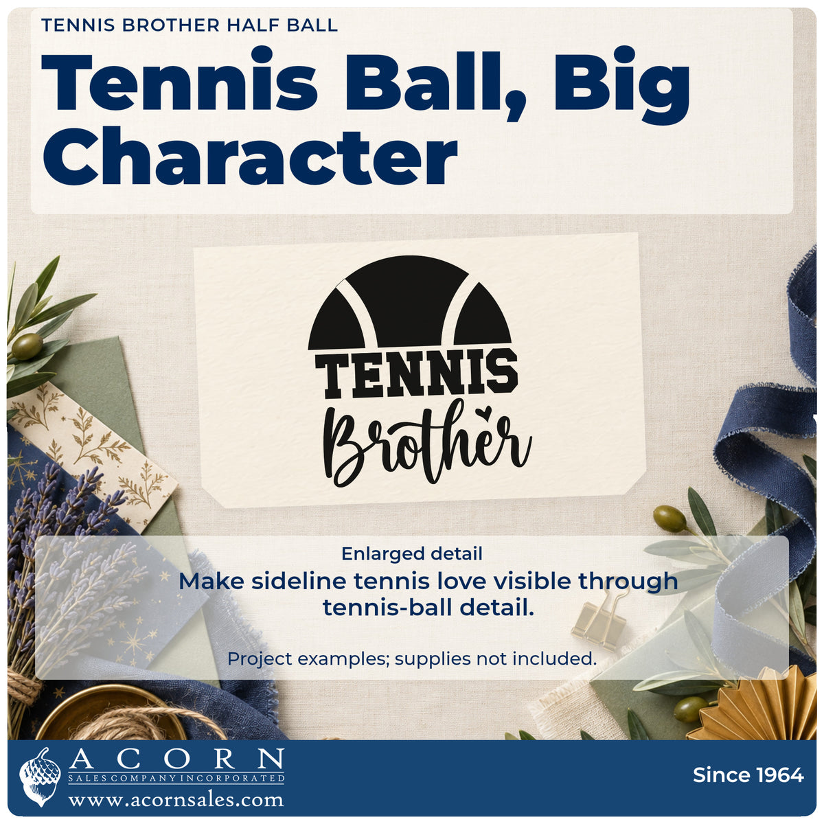 Enlarged detail of the Tennis Brother Half Ball With Hearts Stamp – Self-Inking imprint. A half tennis ball sits above TENNIS Brother with a tiny heart.