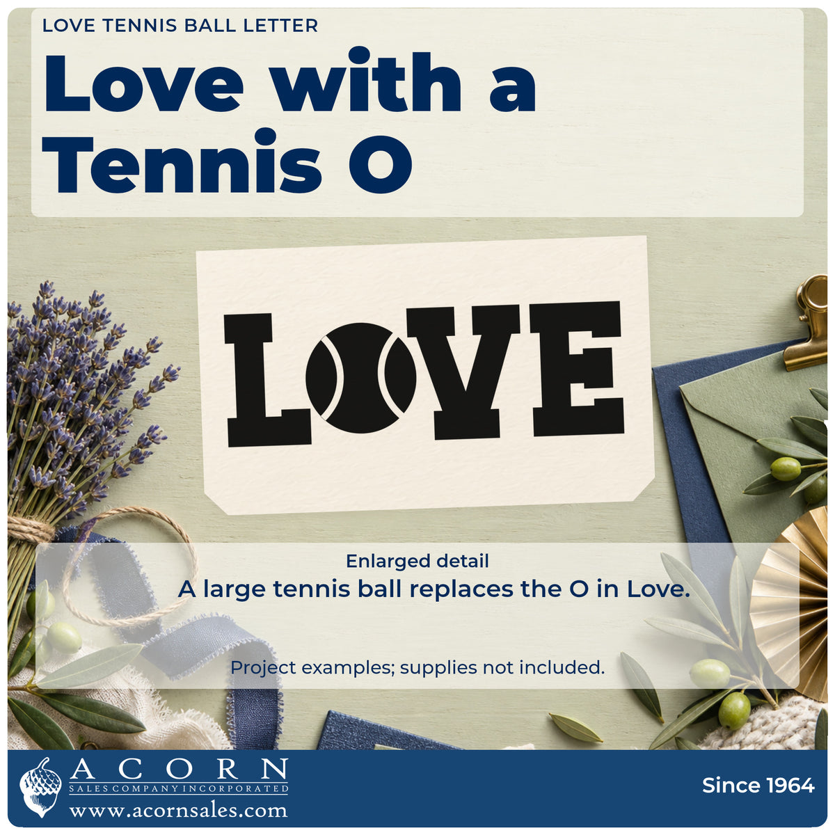 Enlarged detail of the Love Tennis Ball Letter Pre-Inked Stamp – Slim imprint. LOVE uses a large tennis ball in place of the O.