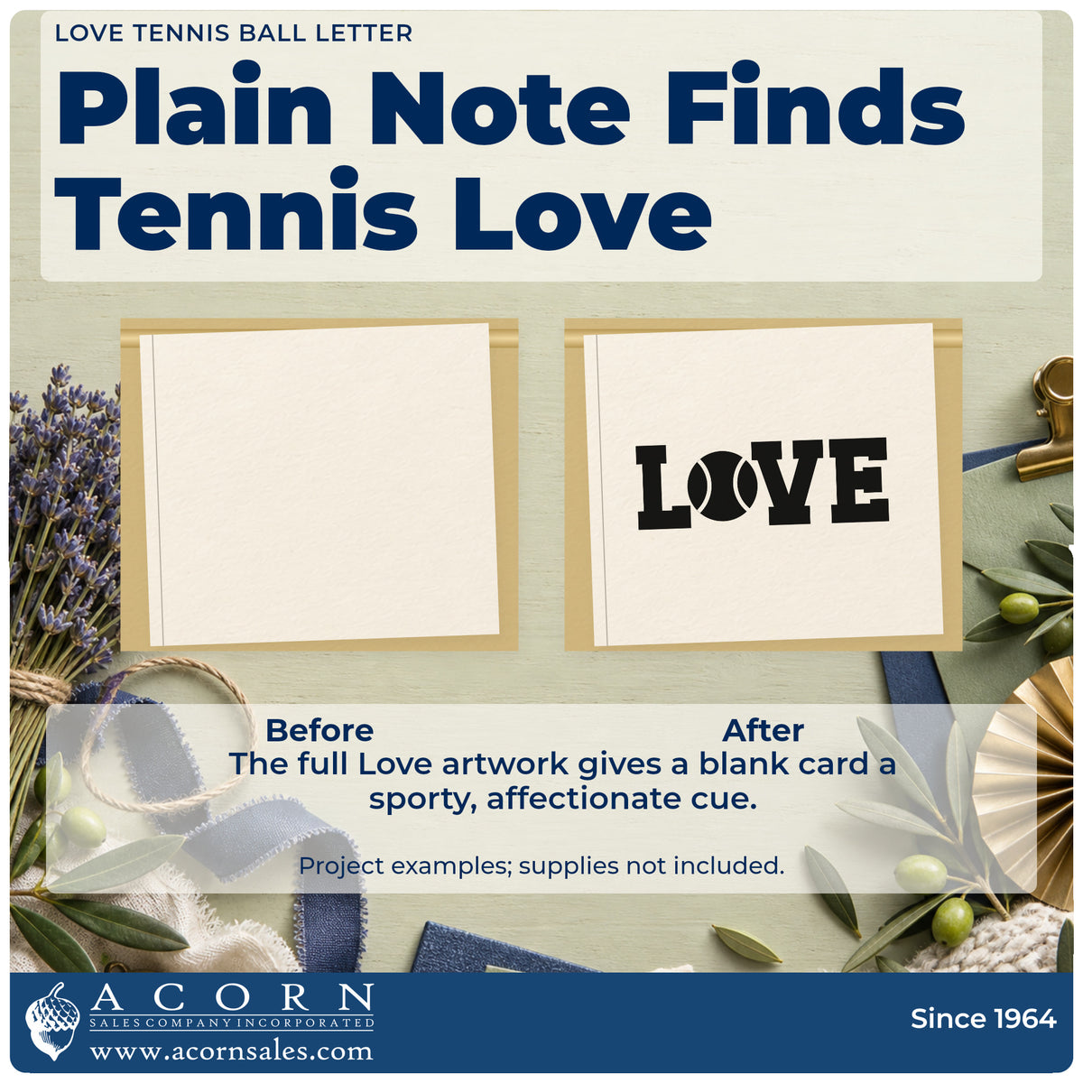Before and after of a plain item finished with the Love Tennis Ball Letter Pre-Inked Stamp – Slim, a quick upgrade for framed club patio.