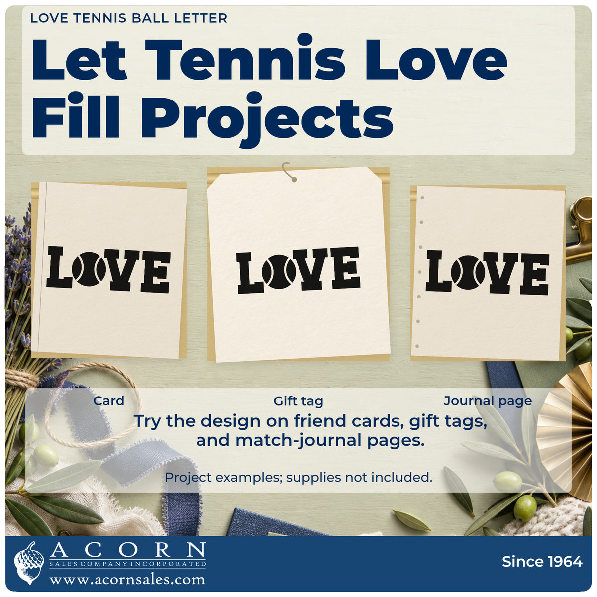Three project examples made with the Wood Handle Love Tennis Ball Letter Rubber Stamp, including round robin sheet.