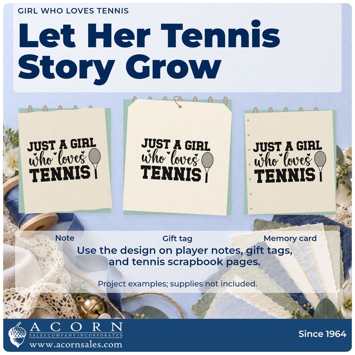 Three project examples made with the Girl Who Loves Tennis Premium Wooden Stamp – Vintage Pro, including contact track sheet.