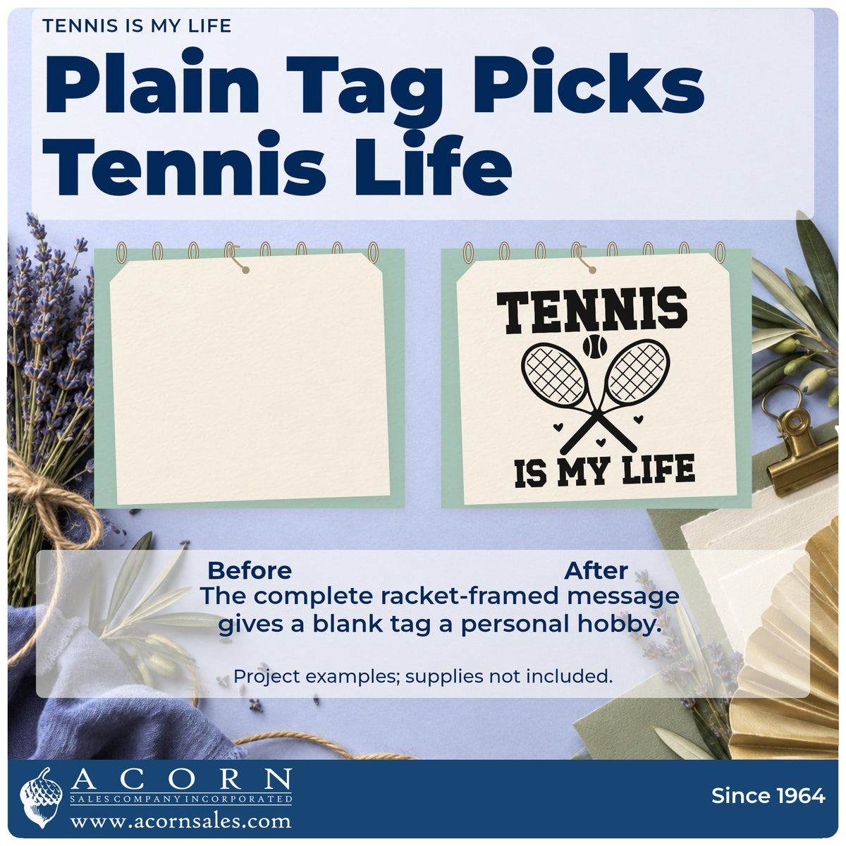 Before and after of a plain item finished with the Tennis Is My Life With Hearts Stamp – Self-Inking, a quick upgrade for framed court fence.