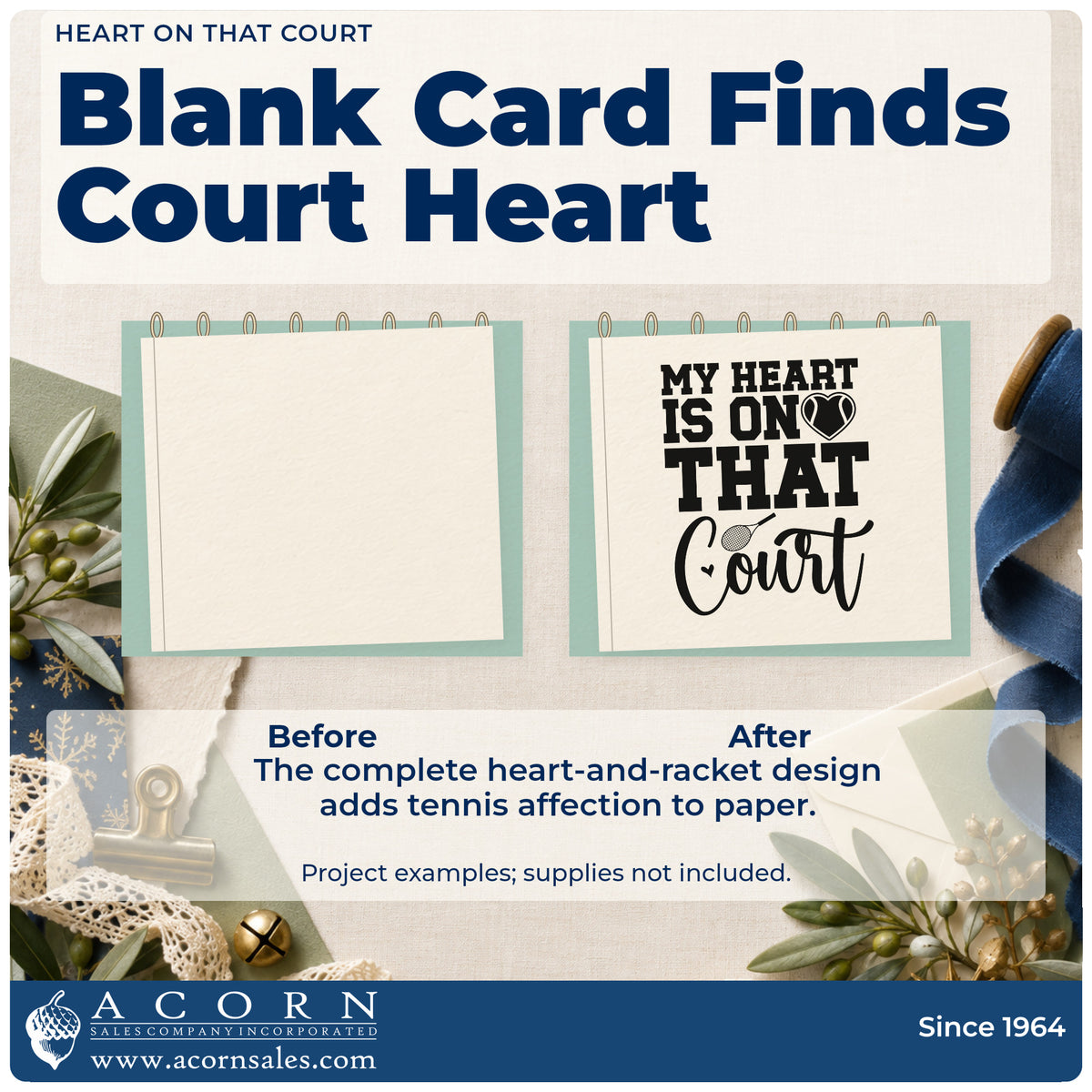 Before and after of a plain item finished with the Vintage Pro My Heart Is On The Tennis Court Premium Wooden Stamp, a quick upgrade for framed kitchen board.