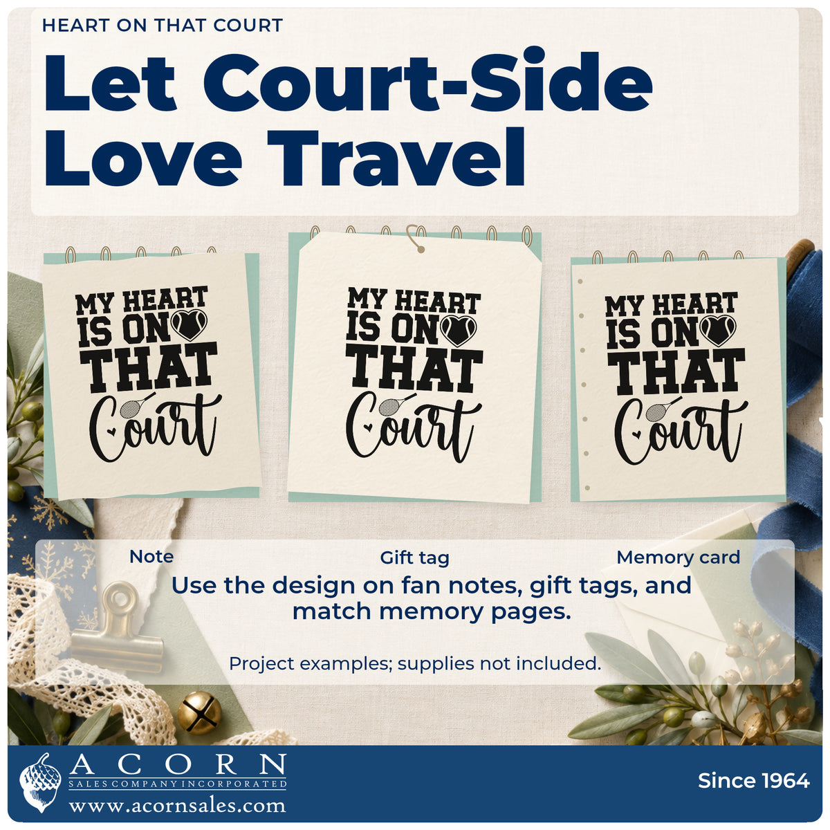 Three project examples made with the Vintage Pro My Heart Is On The Tennis Court Premium Wooden Stamp, including match day sheet.