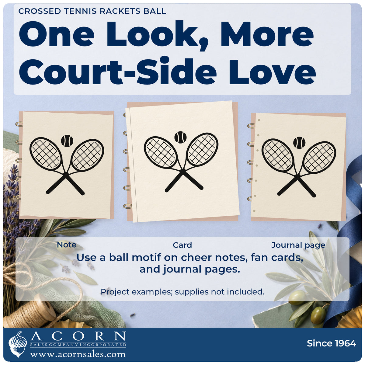 Three project examples made with the Crossed Tennis Rackets Ball Stamp – Premium Vintage Pro Wooden, including court book sheet.