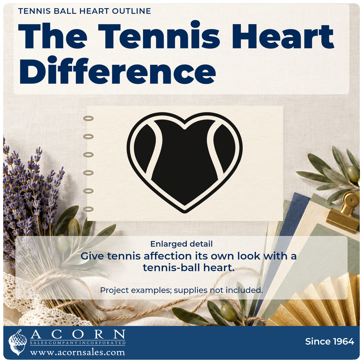 Enlarged detail of the Tennis Ball Heart Outline Wood Handle Stamp imprint. A heart-shaped tennis ball has curved negative-space seams and an outlined border.