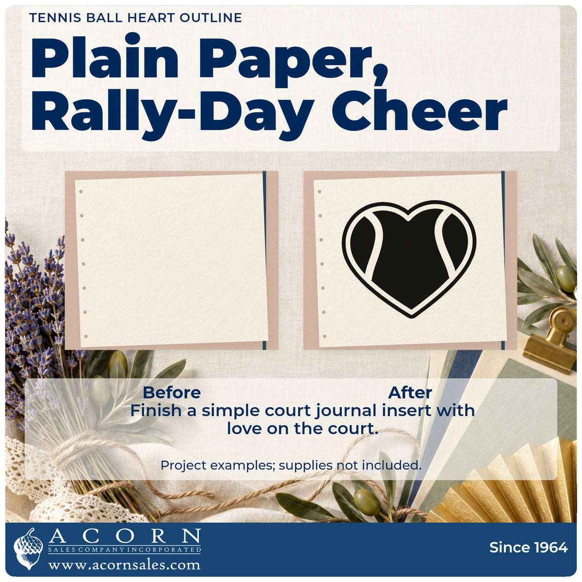 Before and after of a plain item finished with the Tennis Ball Heart Outline Premium Wood-Mounted Stamp – Vintage Pro, a quick upgrade for framed entry tent.