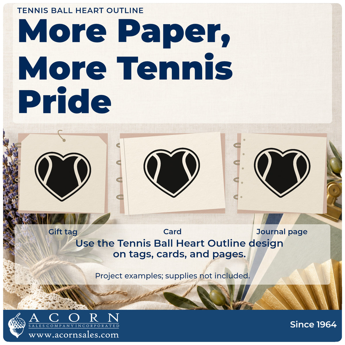 Three project examples made with the Tennis Ball Heart Outline Self-Inking Craft Stamp, including entry track sheet.