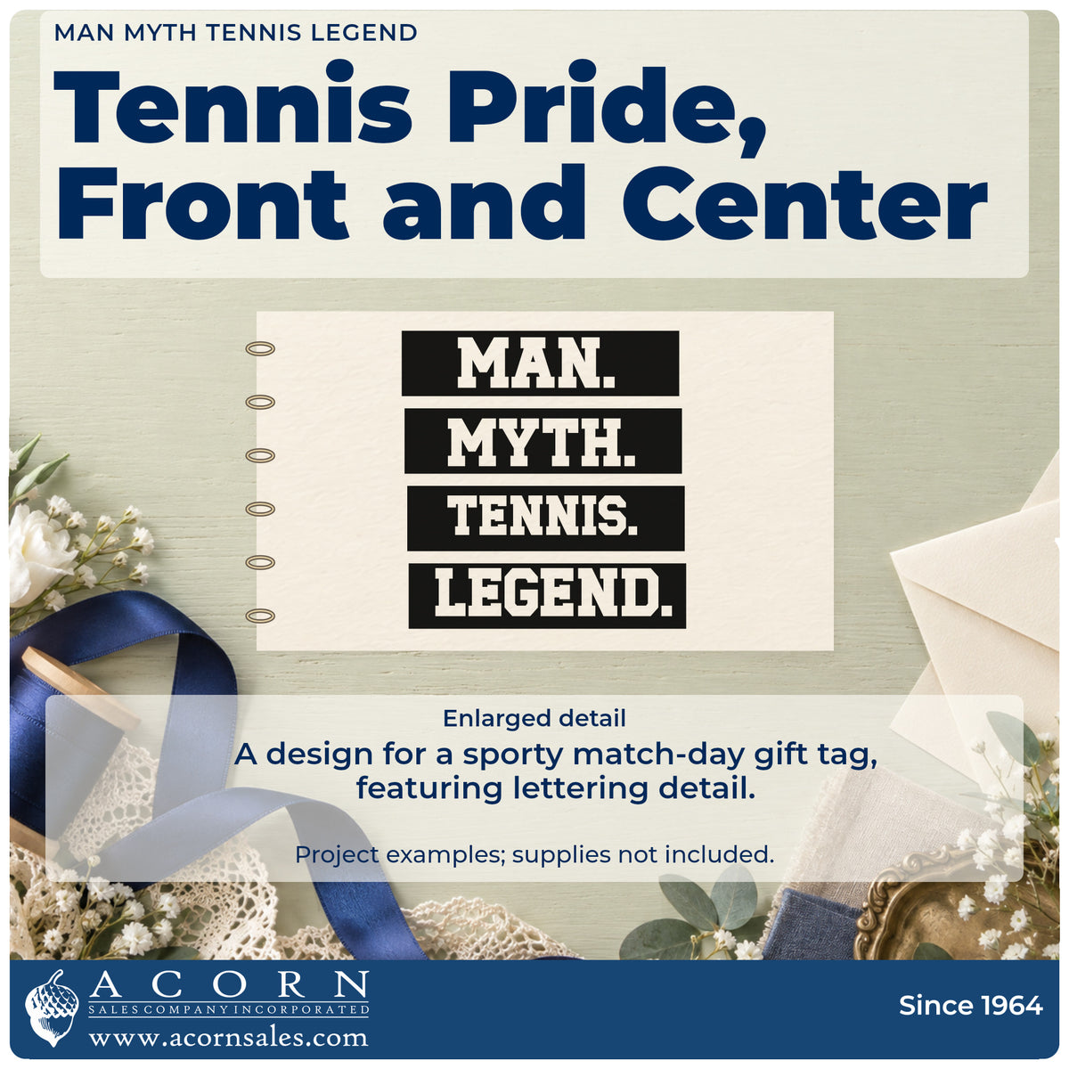 Enlarged detail of the Man. Myth. Tennis. Legend. Block Lettering Pre-Inked Stamp – Slim imprint. MAN. MYTH. TENNIS. LEGEND. appears in negative-space capitals on four stacked dark bars.