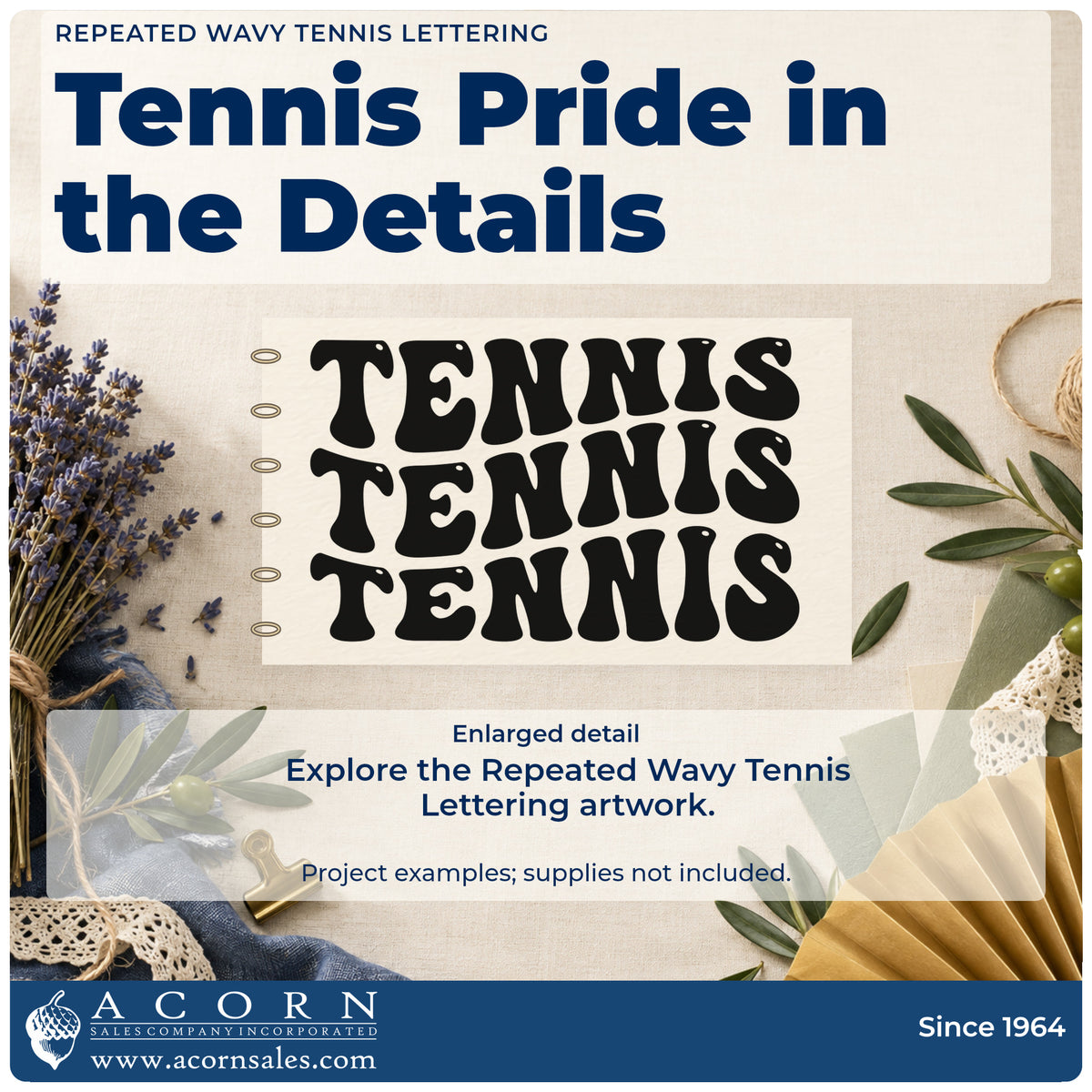 Enlarged detail of the Repeated Wavy Tennis Lettering Rubber Stamp – Wood Handle imprint. TENNIS appears three times in stacked wavy bold lettering.