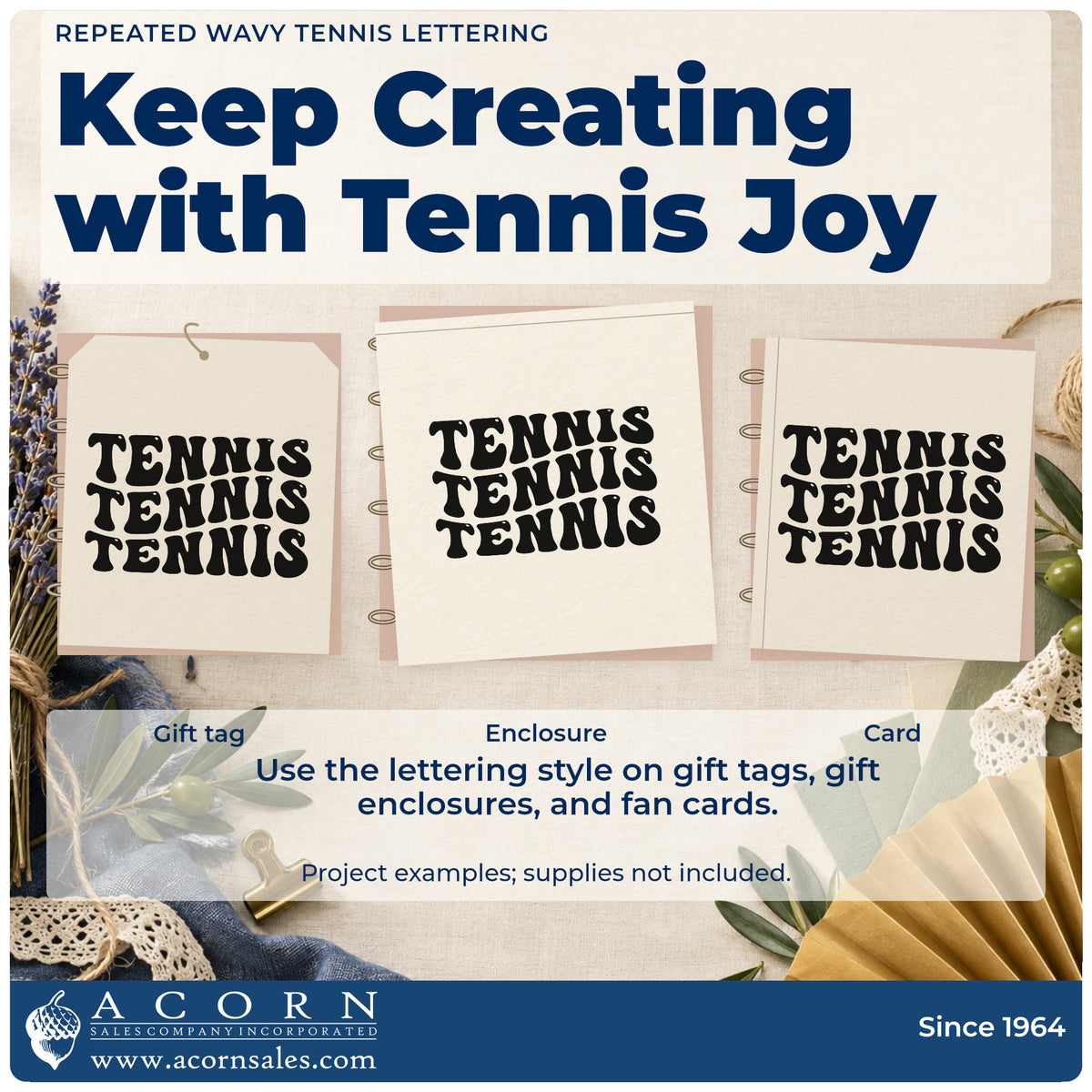 Three project examples made with the Repeated Wavy Tennis Lettering Pre-Inked Stamp – PSI, including stock order sheet.