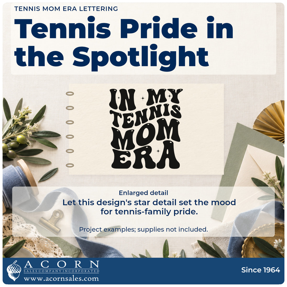 Enlarged detail of the In My Tennis Mom Era Stamp – Premium Vintage Pro Wooden imprint. IN MY TENNIS MOM ERA appears in chunky wavy letters with small sparkles.